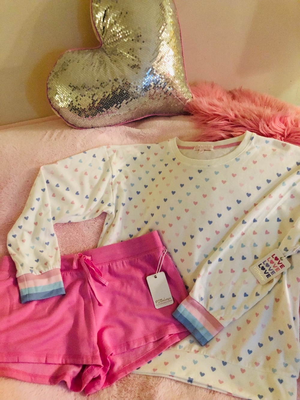 PJ Salvage Long Sleeve Top & Shorts Matching Set in Comfy Pastel Love 💗 SZ LG